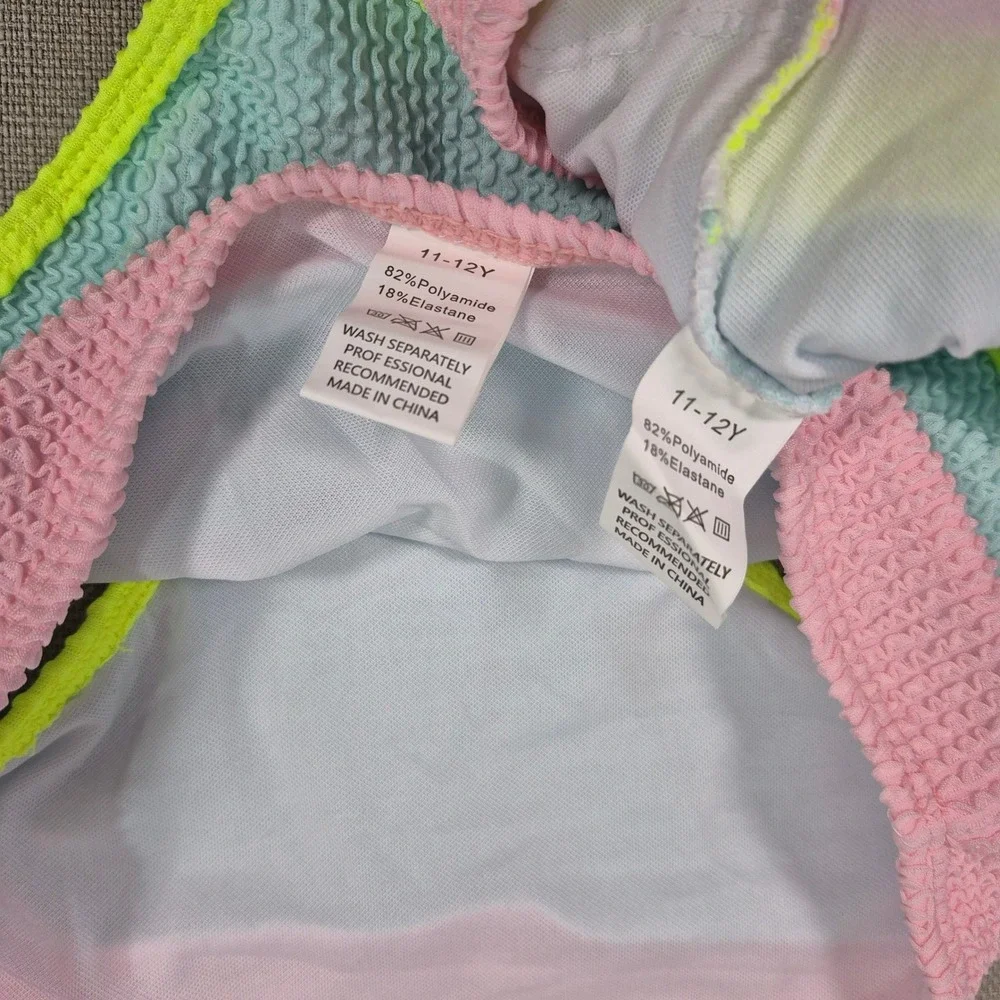 Girls Color Block Textured Bikini Set Blue Pink Neon Yellow Size 11-12Y NWOT